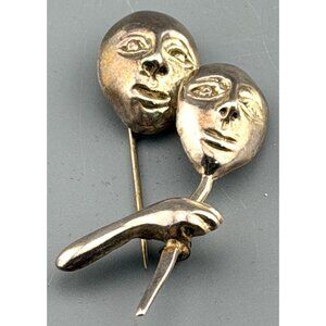 Vintage Sterling Silver Theater Mask Brooch Drama Comedy Hand Pin Mexico